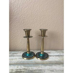 Set of 2 Brass NOGA Israel Shabbat Candlestick Holders w/Green Enamel 4.75"